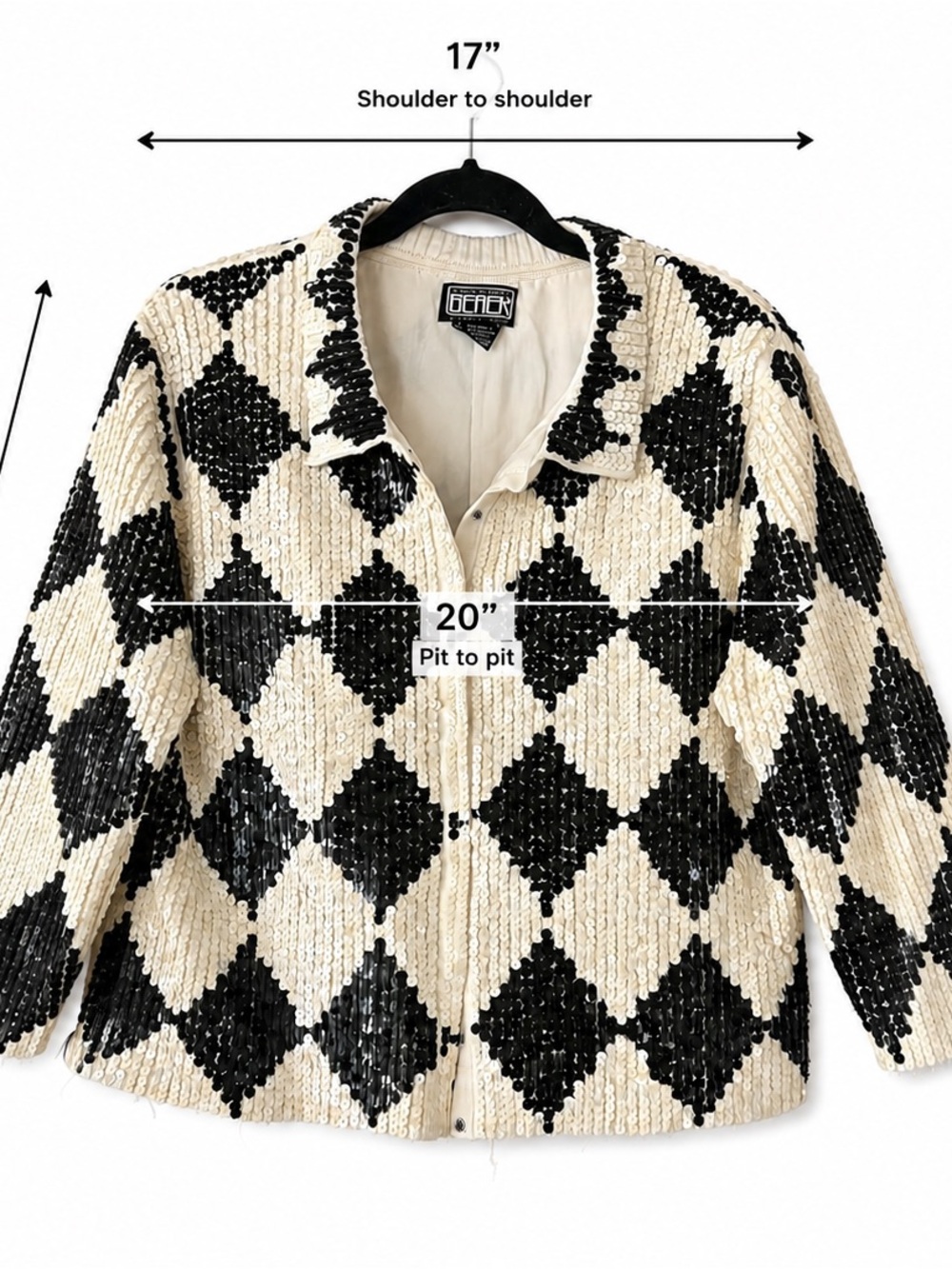 Vintage BEREK 2 Takako Sakon Black & Ivory Sequin Argyle Jacket XL - Picture 4 of 12